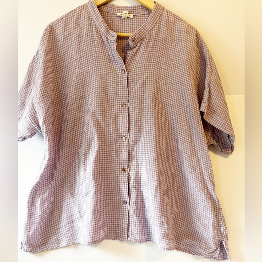 Eileen Fisher Light Purple XL Gingham Button Down Short Sleeve Shirt Linen Boxy